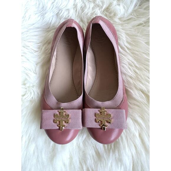Tory Burch Soft Leather Pink Ballet Flats Gold Logo On Bow Size 5/35 Worn Once - Picture 8 of 8